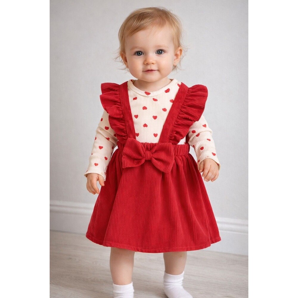 Dress 12 Months Baby Girls Red Corduroy Sweetheart With Hearts And Long Sleeves